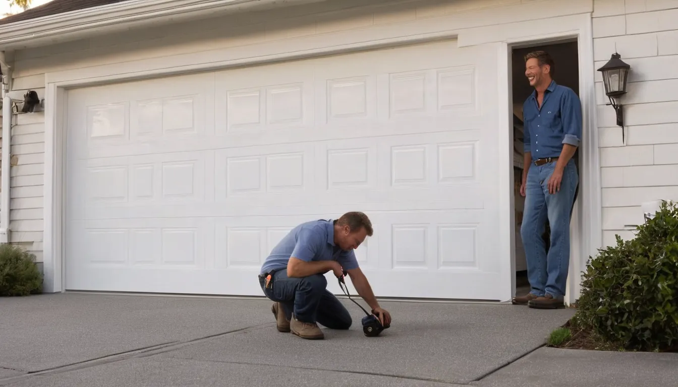 A local garage door provider inspecting a residential garage door in Stonecrest